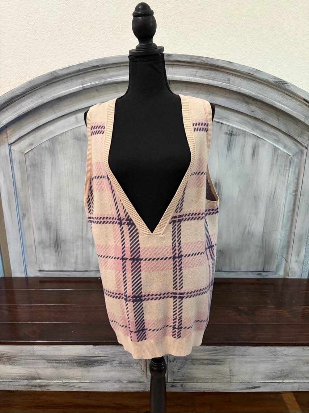 SO Pink and Cream Plaid V-Neck Sweater Vest with Purple Accents